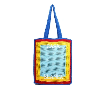 Shop Casablanca Logo Cotton Crochet Tote Bag In Blue