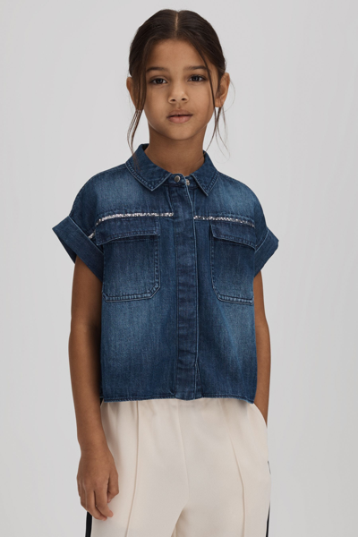 Shop Reiss Sandie - Blue Junior Embellished Denim Shirt, Age 5-6 Years