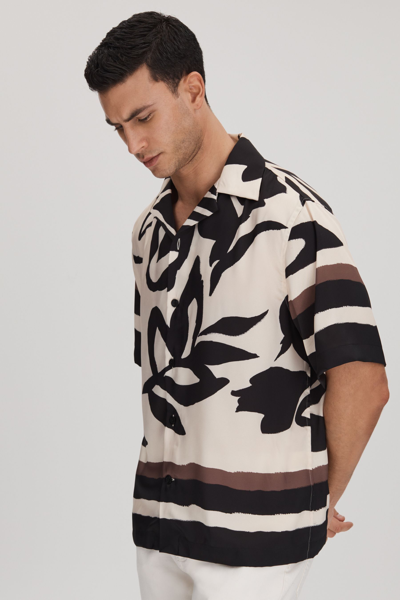 Shop Reiss Croft - Black/ecru Relaxed Cuban Collar Shirt, Xs