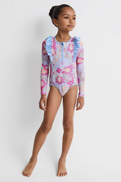 Shop Reiss Poppy - Pink Senior Floral Print Ruffle Long Sleeve Swimsuit, Uk 10-11 Yrs