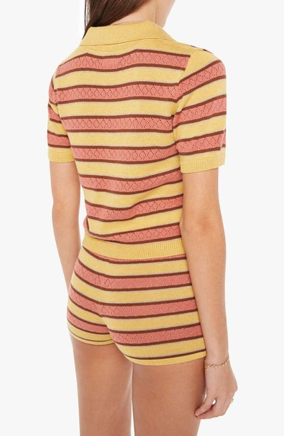 Shop Mother The Hot Under The Collar Stripe Pointelle Polo Sweater In Mustard Brown Stripe