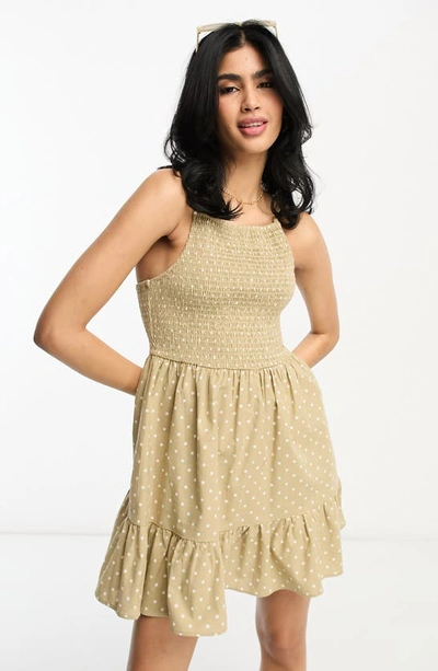 Asos Design Smocked Mini Sundress In Beige