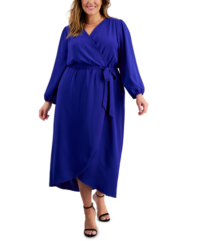Shop Connected Plus Size Tie-front Wrap Maxi Dress In Sapphire