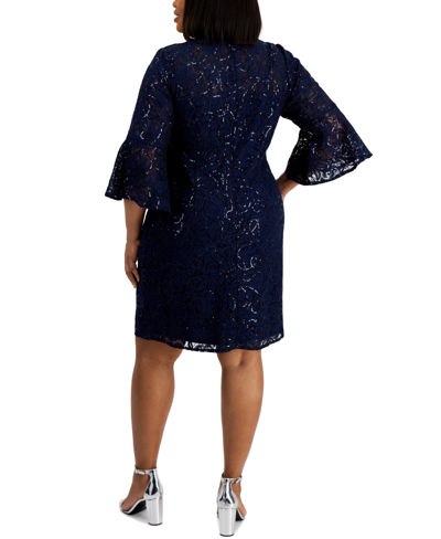 Shop Alex Evenings Plus Size Sequined Lace Sheath Dress In Navy