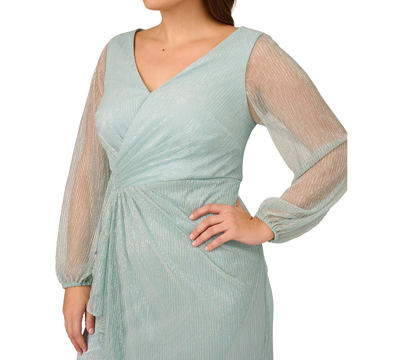 Shop Adrianna Papell Plus Size Metallic Mesh Bishop-sleeve Gown In Mint Smoke