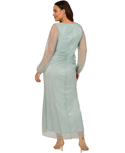 Shop Adrianna Papell Plus Size Metallic Mesh Bishop-sleeve Gown In Mint Smoke