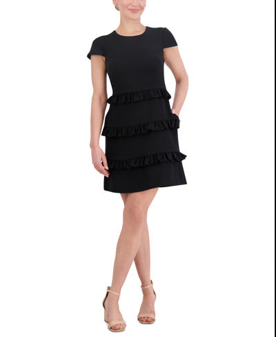 Eliza J Petite Stretch Crepe Jewel-neck A-line Dress In Black