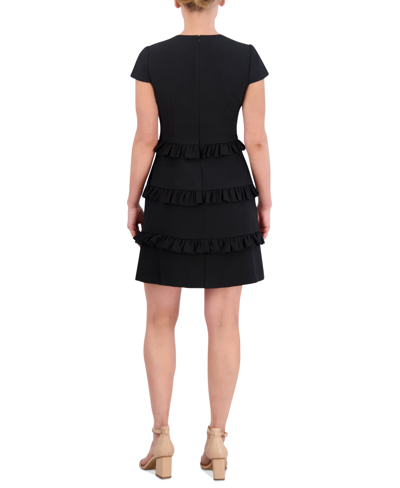Eliza J Petite Stretch Crepe Jewel-neck A-line Dress In Black