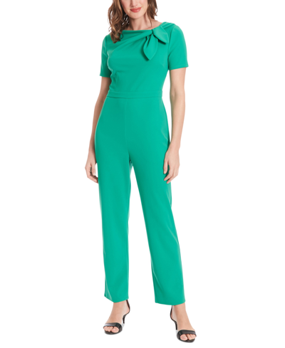 Shop London Times Petite Short-sleeve Bow-neck Jumpsuit In Green