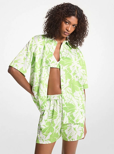 Shop Michael Kors Palm Print Satin Cabana Shirt In Green