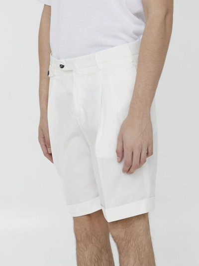 Pt Torino White Bermuda With Pence And Side Pocket With Flap In Linen And Cotton Blend Man In White
