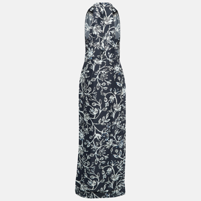 Pre-owned Balenciaga Navy Blue Floral Print Crepe Halter Neck Maxi Dress L