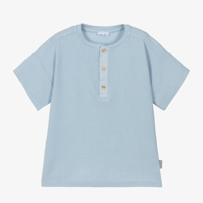 Shop Laranjinha Boys Blue Cotton Buttoned T-shirt