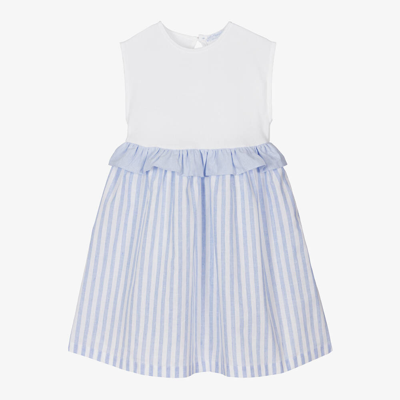 Shop Laranjinha Girls Blue Striped Cotton & Linen Dress In White