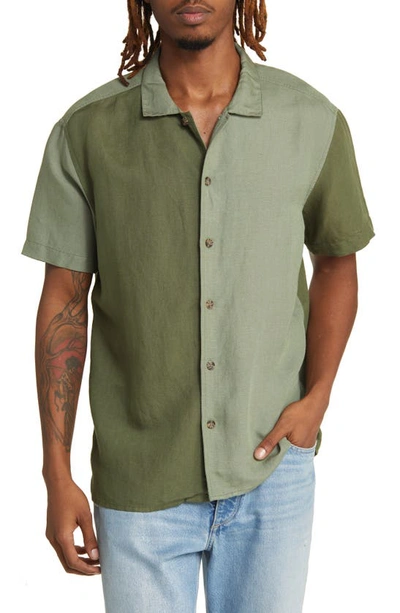 Shop Rvca Vacancy Colorblock Short Sleeve Linen Blend Button-up Shirt In Surplus