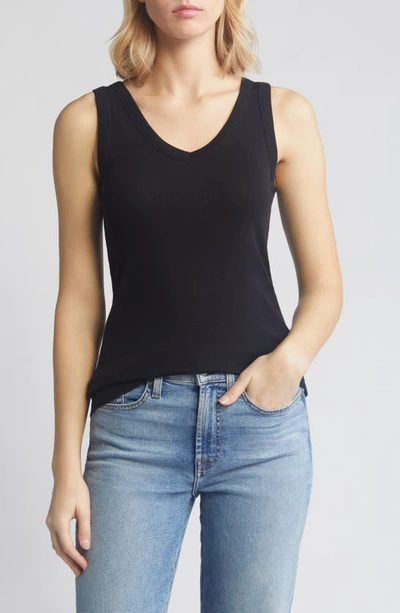 Shop Caslon (r) V-neck Organic Cotton Blend Tank Top In Black