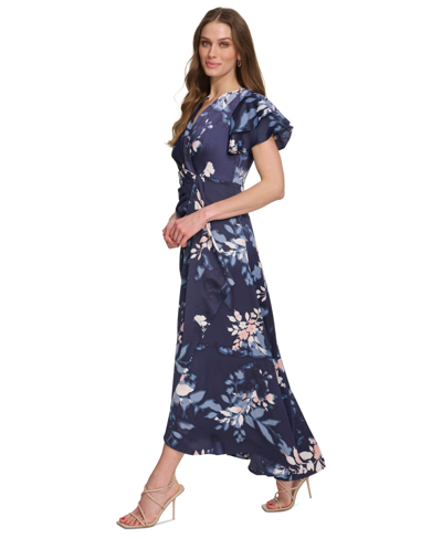 Shop Dkny Women's Printed V-neck Flutter-sleeve Satin Dress In Navy Multi