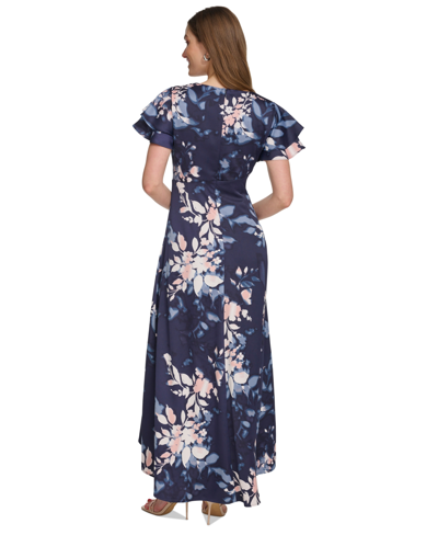 Shop Dkny Women's Printed V-neck Flutter-sleeve Satin Dress In Navy Multi