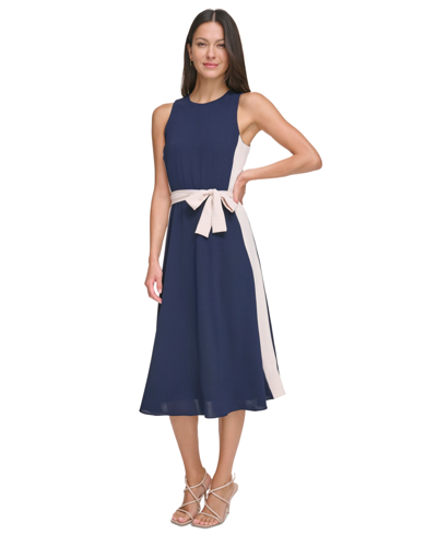 Shop Dkny Women's Sleeveless Tie-waist A-line Dress In Navy,white