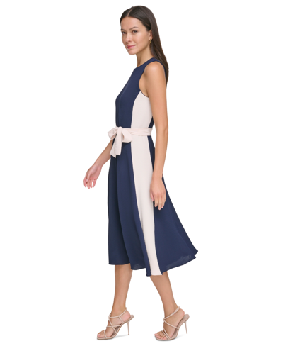 Shop Dkny Women's Sleeveless Tie-waist A-line Dress In Navy,white