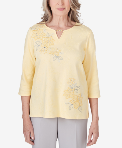 Shop Alfred Dunner Women's Charleston Three Quarter Sleeve Embroidered Floral Details Top In Yellow