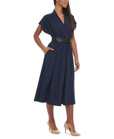 Shop Calvin Klein Plus Size Commuter Belted Midi Dress In Twilight