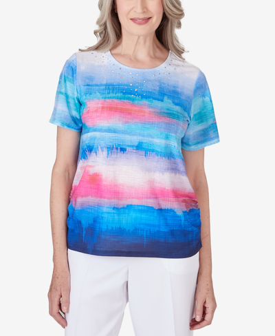 Shop Alfred Dunner Women's Paradise Island Crew Neck Short Sleeve Side Ruching Watercolor Stripe Top In Multi