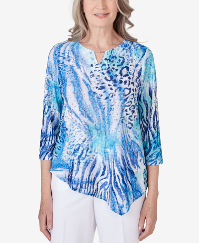 Shop Alfred Dunner Women's Paradise Island Animal Print Eyelet Top In Periwinkle
