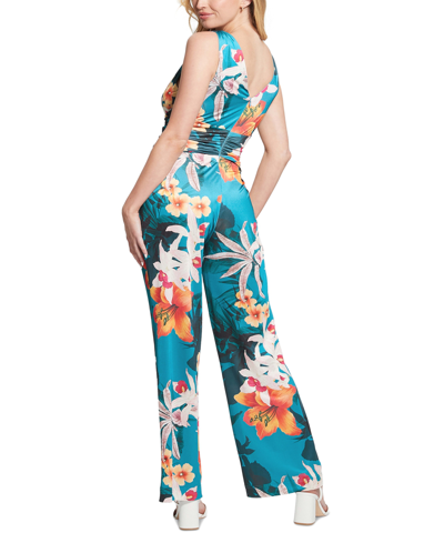 Shop Guess Women's Emily V-neck Ruched-waist Jumpsuit In Hawaian Susnet Print
