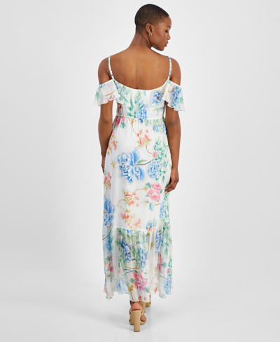 Shop Guess Women's Floral-print Ruffled Cold-shoulder Tiered Maxi Dress In Hanoi Cream White Floral Print