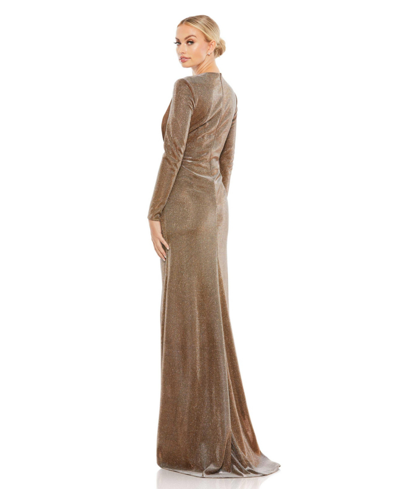 Shop Mac Duggal Women's Ieena Metallic Twist Front Plunging Long Sleeve Gown In Bronze