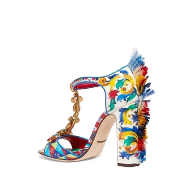 Shop Dolce & Gabbana Raffia Trimmed Leather Sandals