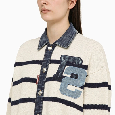 Shop Dsquared2 White/blue Striped Cardigan In Cotton And Denim Blend