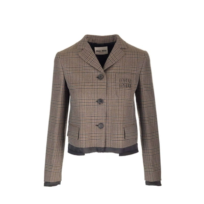 Shop Miu Miu Check Pattern Wool Jacket