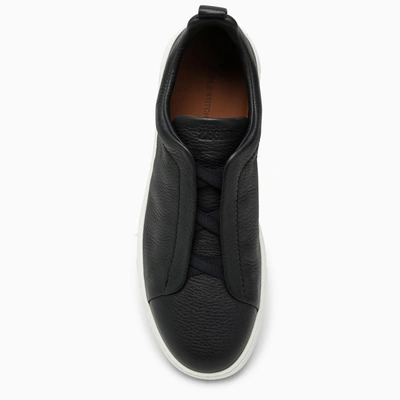 Shop Zegna Navy Blue Leather Triple Stitch Sneakers