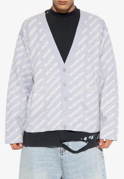 Shop Balenciaga All-over Logo Cardigan In Gray