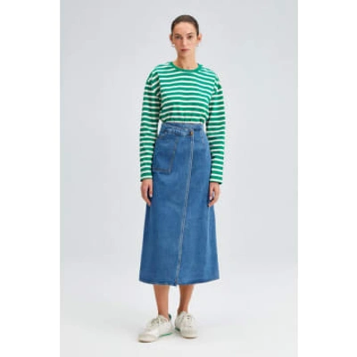 Shop Touche Prive Wrap Denim Midi Skirt In Blue