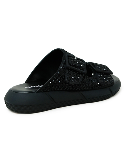 Shop Elena Iachi Black Leather Flat Sandals With Swarovsky