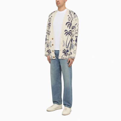 Shop Alanui White/blue Jacquard Cardigan In Wool And Cotton