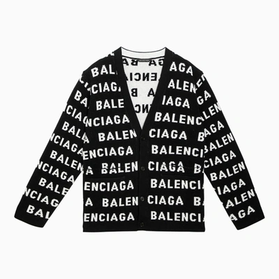 Shop Balenciaga Black/white All Over Logo Cardigan Sweater