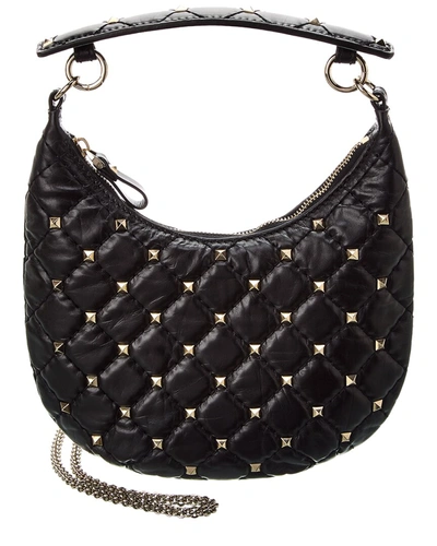 Shop Valentino Rockstud Spike Leather Hobo Bag In Black