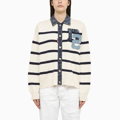 Shop Dsquared2 White/blue Striped Cardigan In Cotton And Denim Blend