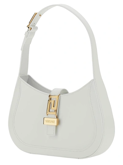 Shop Versace 'greca Goddess' Small White Hobo Bag With Logo Detail In Leather Woman