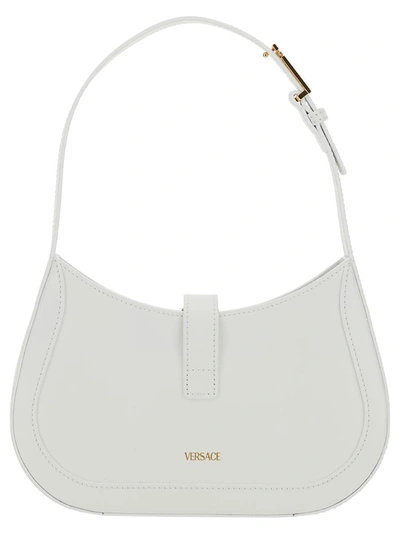Shop Versace 'greca Goddess' Small White Hobo Bag With Logo Detail In Leather Woman