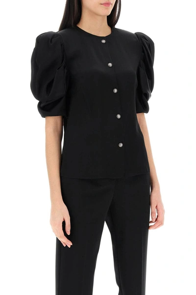 Shop Alessandra Rich Envers Satin Blouse With Bouffant Sleeves In Black