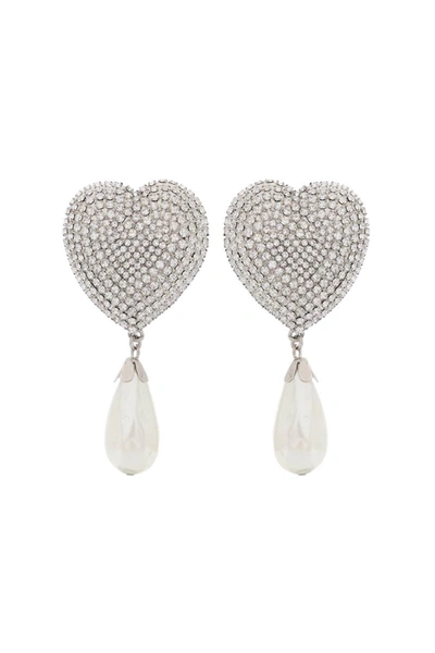 Shop Alessandra Rich Heart Crystal Earrings With Pearls In Silver