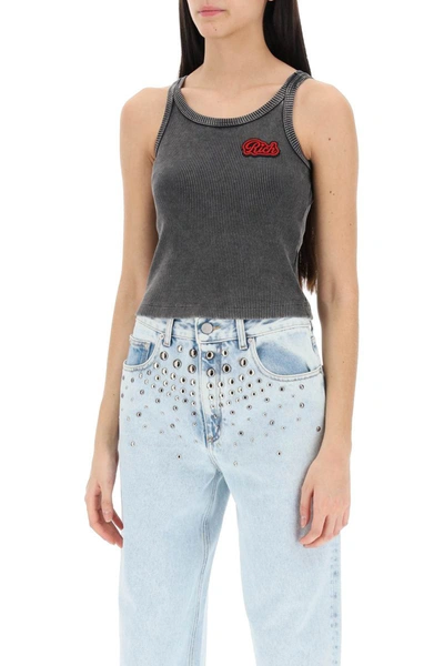 Shop Alessandra Rich Ribbed Tank Top With Logo Patch In Grey