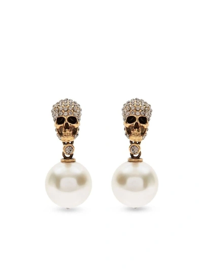 Shop Alexander Mcqueen Skull Pearl Earrings In Golden