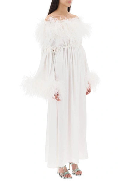 Shop Art Dealer 'bettina' Maxi Dress In Satin With Feathers In White