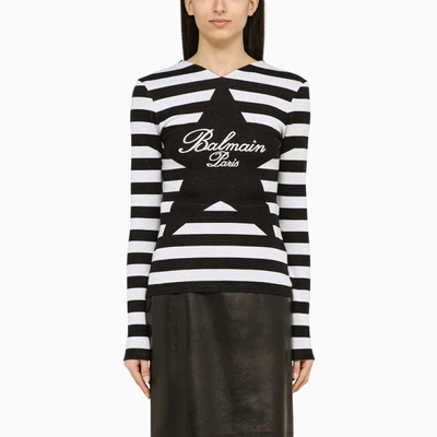 Shop Balmain Black And White Striped Shirt With Logo